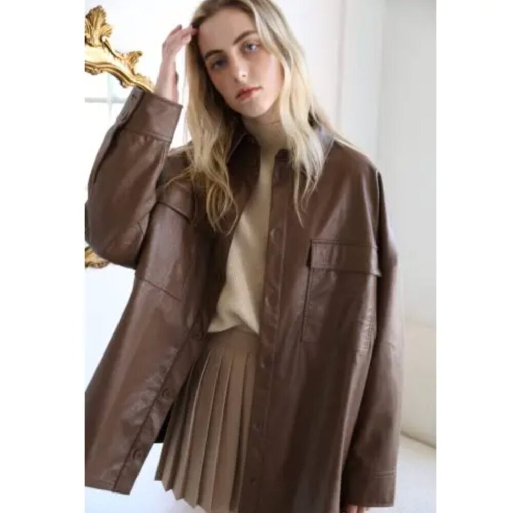Oak + Fort Faux Leather Shacket and Pleated Pants Matching Set Brown Womens XS S